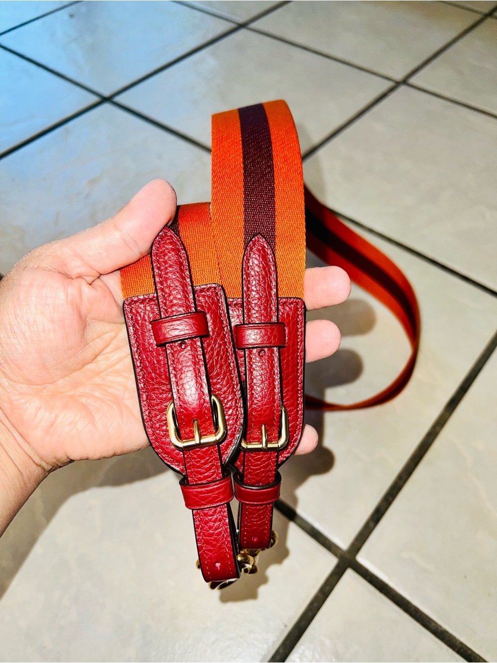 Coach Pebbled Leather Crossbody Bag in dark red with Striped crossbody Strap - Picture 9 of 10